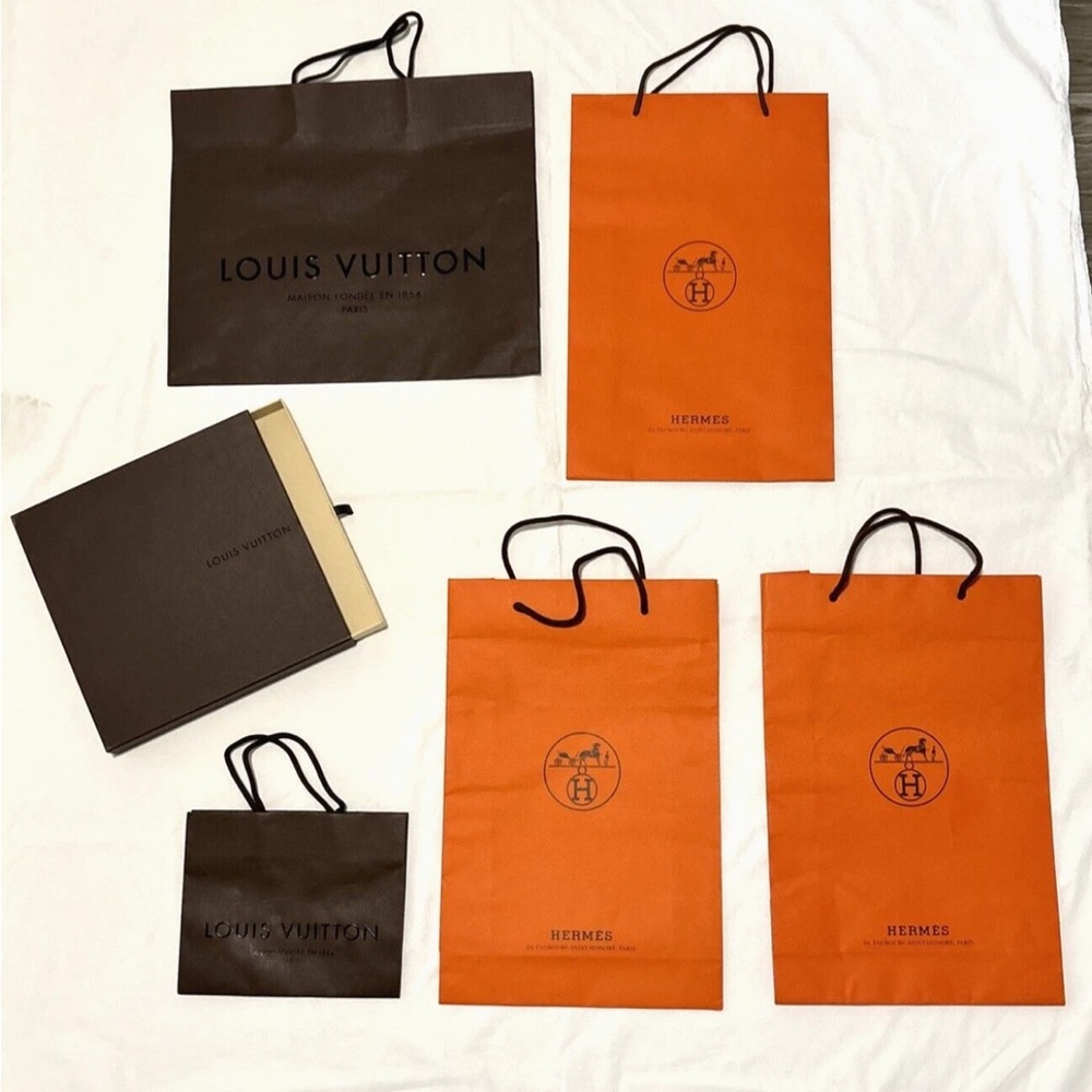 DESIGNER PAPER SHOPPING BAGS + BOX LARGE LOT OF 6 HERMES AND LOUIS VUITTON LV